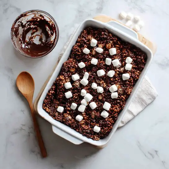 A white rectangular dish filled with a single thick layer of dark brown crispy rice cereal mixed with chocolate coating, topped with scattered small white marshmallows. On the left side, there is a clear glass bowl with chocolate residue inside and a wooden spoon resting in it. The dish is placed on a white marbled surface. photo taken with an iphone --ar 4:5 --v 7
