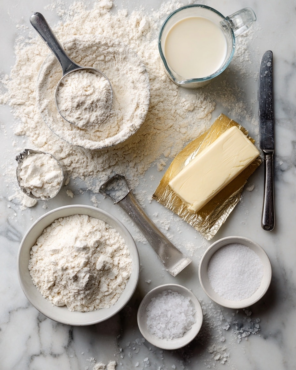 A white bowl filled with flour sits in the upper left, with a metal scoop partially buried in the flour. Next to it are a transparent measuring cup filled with a creamy white liquid and a small white bowl of granulated sugar containing a metal spoon. In the center right lies a partially unwrapped block of pale yellow butter on golden foil. Surrounding these are a metal dough cutter with a white handle, a metal knife with a serrated edge, and two small white bowls, one with powdered sugar and the other with coarse salt. Everything is arranged on a white marbled surface with scattered flour around. Photo taken with an iphone --ar 4:5 --v 7