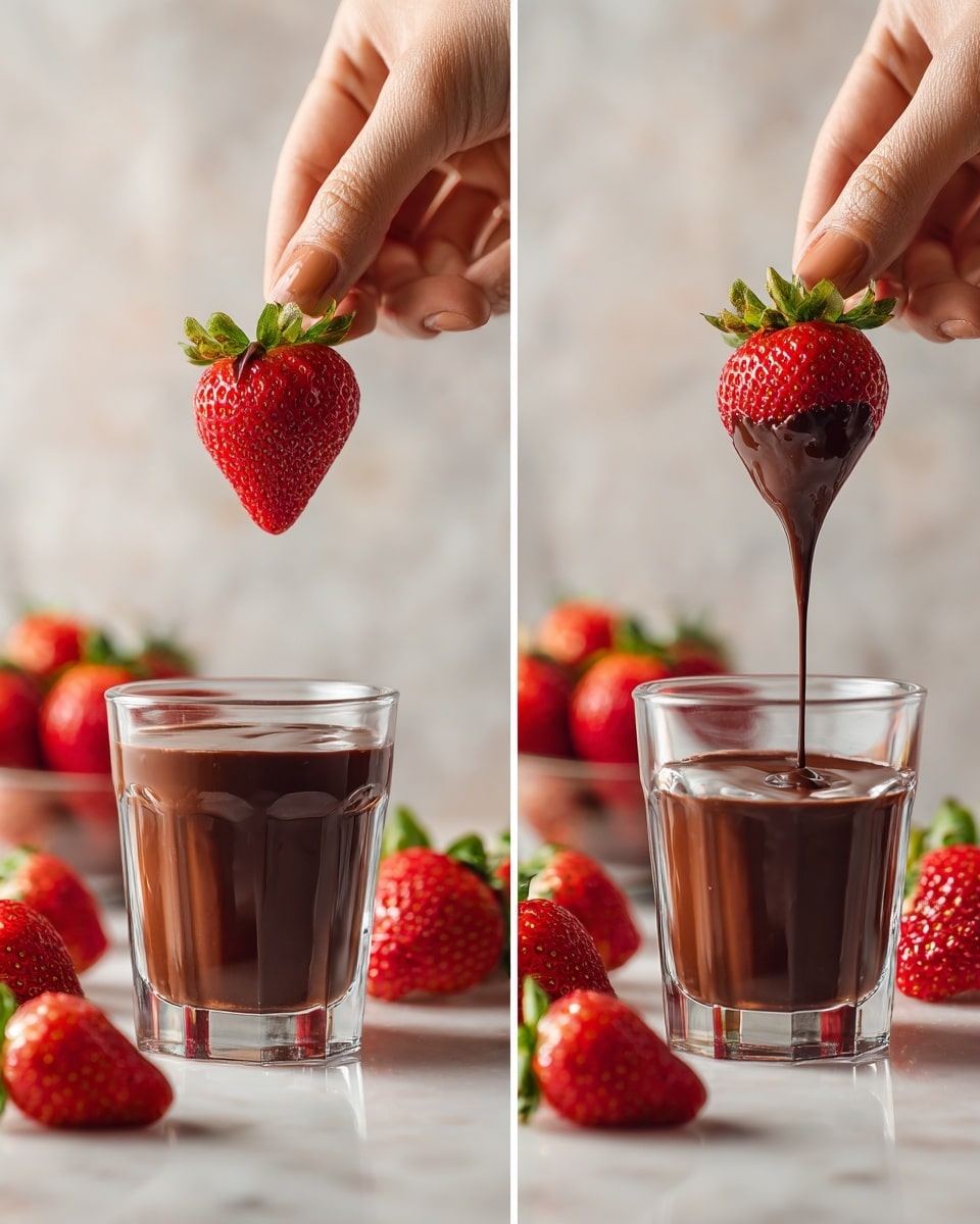 The image shows two side-by-side pictures with a white marbled surface and a blurred light grey background, featuring a woman's hand holding a bright red strawberry with green leaves at the top. In the first picture, the strawberry is fresh and plain, being held above a clear short glass filled about three-quarters with smooth dark chocolate. Several fresh strawberries with green leaves are scattered around on the surface, and a clear bowl filled with melted dark chocolate is seen in the background. In the second picture, the same woman's hand dips the strawberry into the dark chocolate, coating the bottom half in a shiny layer of chocolate that drips slightly back into the glass. The strawberries remain scattered around as before, adding pops of red and green color. photo taken with an iphone --ar 4:5 --v 7