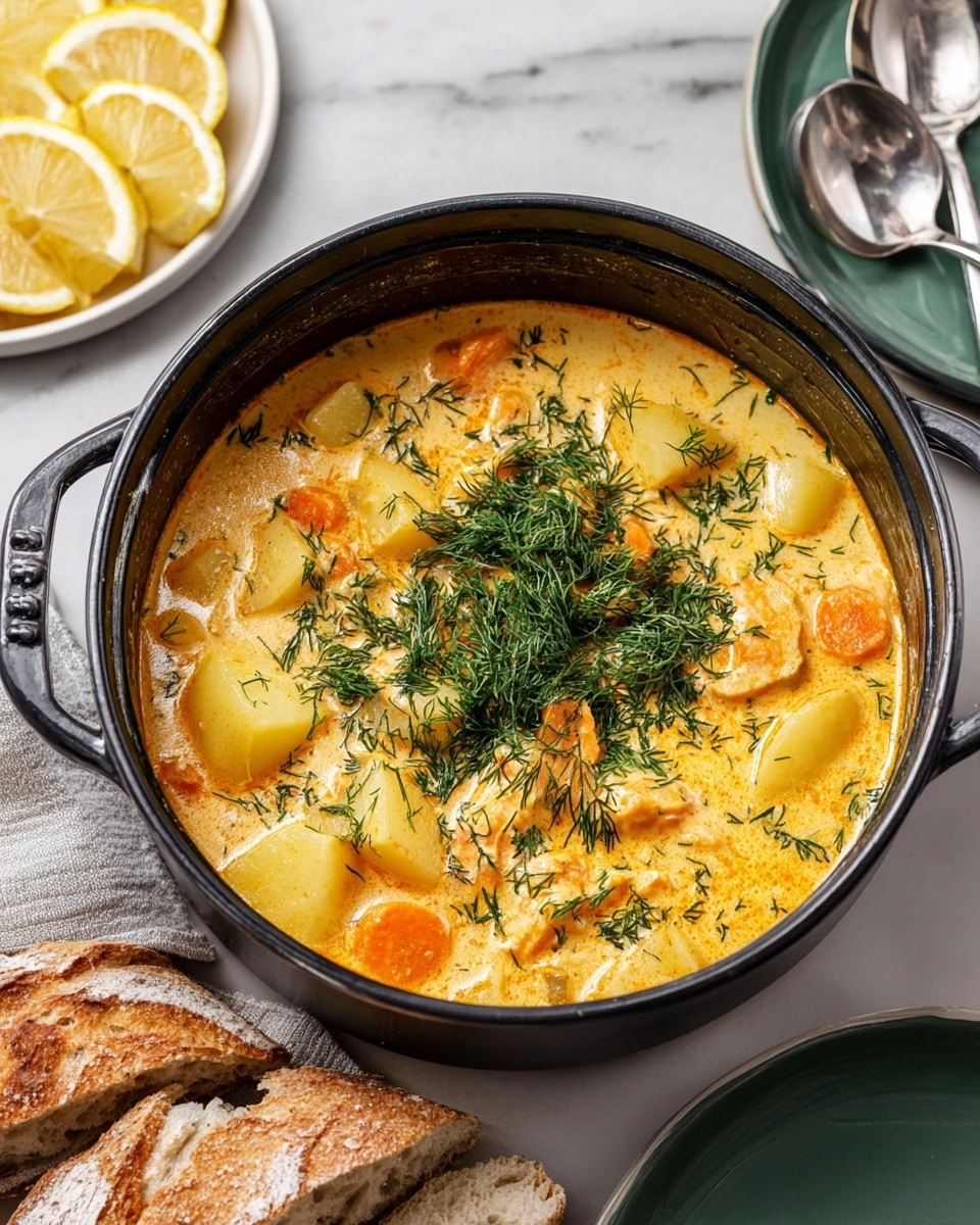 A large black pot filled with a creamy yellow soup that has pieces of orange carrot slices, white potato chunks, and small bits of light-colored chicken, all mixed in a thick broth with flecks of green herbs scattered on top. On one side, there are three thin lemon slices and a small sprig of green dill sitting on the surface. The soup is sprinkled with coarse black pepper. The pot is placed on a white marbled surface, with a white plate holding lemon wedges to the upper right, two green empty bowls with silver spoons to the upper left, and pieces of light brown bread and wooden salt and pepper shakers below. Photo taken with an iphone --ar 4:5 --v 7