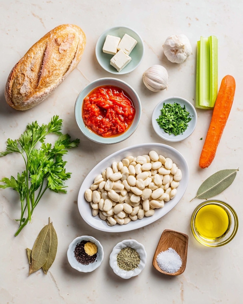 A white oval plate filled with large white beans is placed on a white marbled surface, surrounded by various small white bowls and loose ingredients. To the left of the plate, a small white bowl holds bright red chopped tomatoes in sauce, while a smaller white bowl contains two white blocks of soft cheese. Above, there is a cluster of three garlic cloves, a fresh orange carrot, and a small white bowl with different spices mixed in four sections showing brown, red, black, and green colors. A white scalloped bowl holds fresh green parsley leaves, and a small white bowl contains fresh chopped herbs. Nearby, a long green celery stick lays horizontally next to a small glass of clear liquid and a dried bay leaf. A small wooden bowl with white salt sits near a small white bowl with golden yellow olive oil. Finally, a piece of sliced baguette with a golden crust rests on the left side. All items are arranged neatly over the smooth white marbled surface, photo taken with an iphone --ar 4:5 --v 7