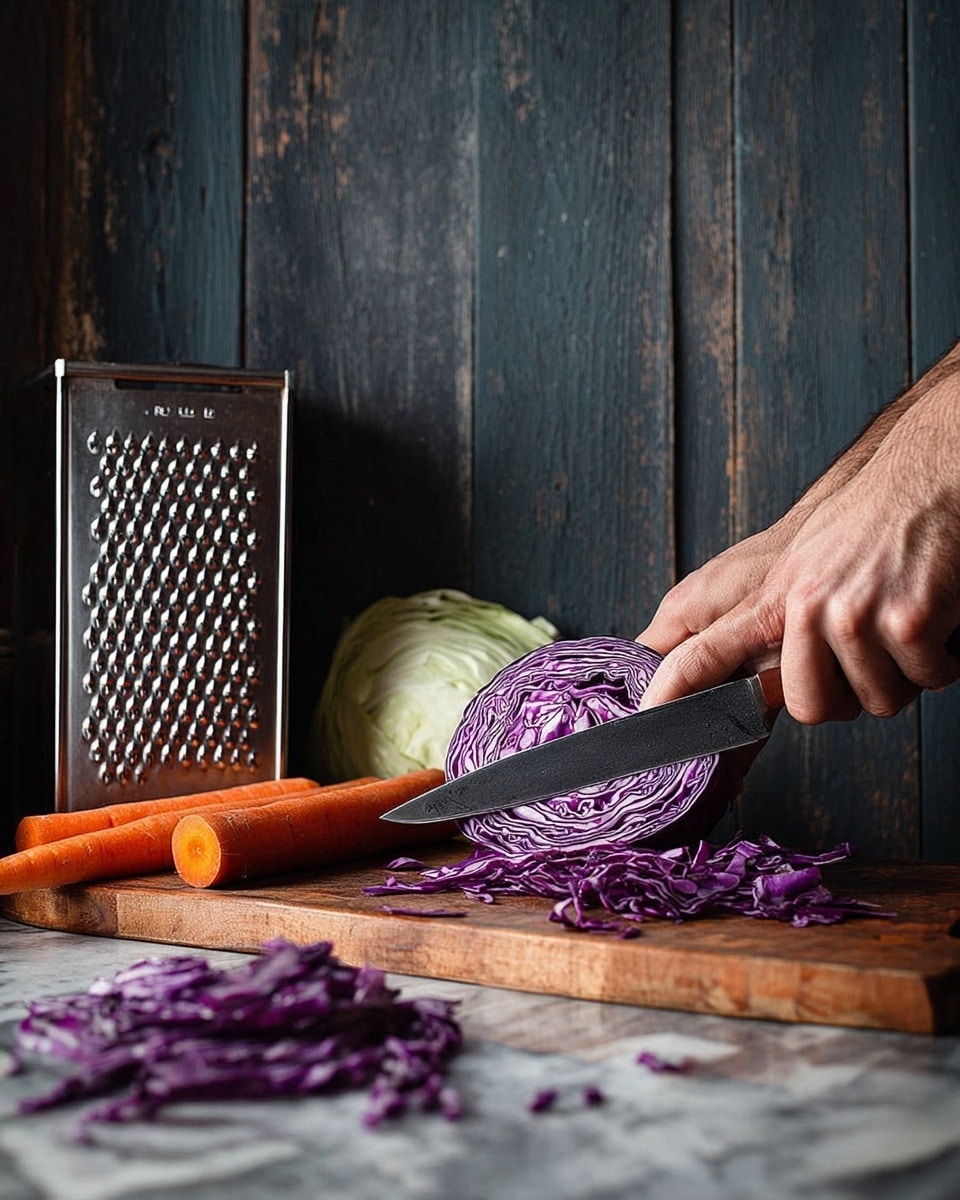A close-up image shows a pair of hands slicing a half purple cabbage on a wooden board. The knife with a dark handle is cutting thin purple cabbage layers that have a curly texture. Next to the cabbage on the board, there are two whole orange carrots and a metal box grater. Behind the purple cabbage, a large half white cabbage is visible. A few loose pieces of purple cabbage are scattered on the white marbled surface in front. The background is dark wooden panels, creating a contrast with the bright vegetables. photo taken with an iphone --ar 4:5 --v 7