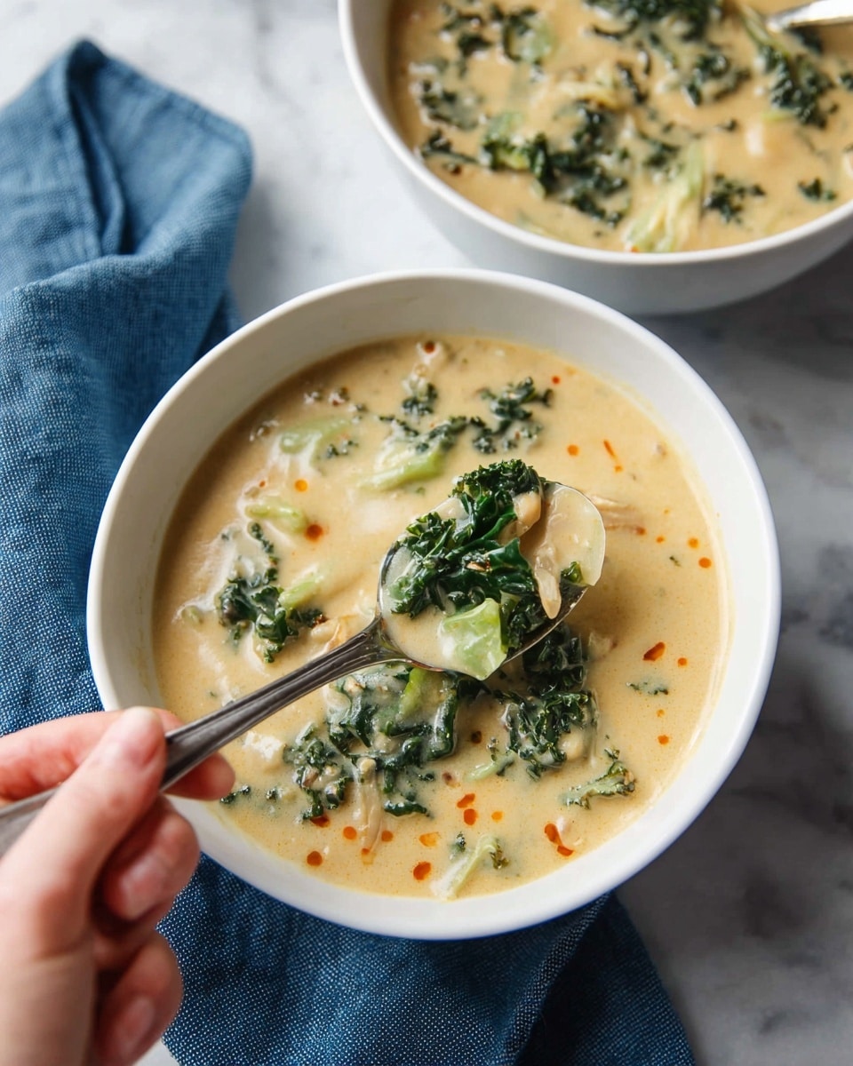 Two white bowls filled with thick, creamy yellow soup. The soup has green leafy pieces, light brown mushroom slices, and is topped with thin, bright green slices of scallions. Small drops of bright orange oil are scattered on top. One bowl has a silver spoon resting inside. The bowls are placed on a white marbled surface with a soft blue cloth next to one bowl. photo taken with an iphone --ar 4:5 --v 7