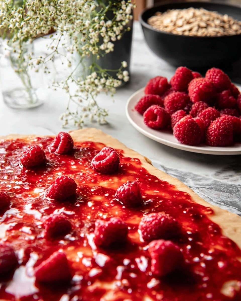 The image shows seven cinnamon rolls on a white marbled surface. Each roll has a golden brown dough base spiraled with a dark cinnamon filling. They are topped with a light pink icing that is drizzled unevenly over the rolls, giving a shiny texture. Some rolls are shaped in a traditional spiral, while others have a twisted braid form. There are red raspberry crumbs lightly sprinkled on top and around the rolls adding a speckled detail. Small white chamomile flowers and whole raspberries are scattered around, giving a fresh natural touch. The lighting is warm and highlights the soft texture of the dough and icing. Photo taken with an iphone --ar 4:5 --v 7