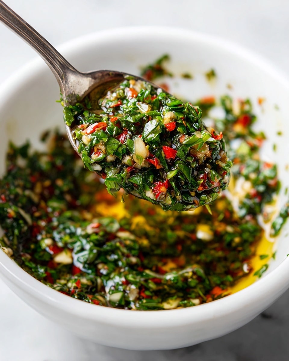 The image shows a close-up of a spoon lifting a mixture from a white bowl on a white marbled surface. The mixture has finely chopped green herbs, small pieces of red chili, and bits of white garlic all soaked in golden olive oil. The green herbs are fresh and leafy, covering most of the spoon, while the red chili pieces add bright spots of color throughout. The spoon is silver and shiny, angled slightly upwards, with the mixture glistening in light. The white bowl has some bits of the mixture stuck to its inner sides, creating a textured and colorful contrast with the clean white surface. Photo taken with an iphone --ar 4:5 --v 7