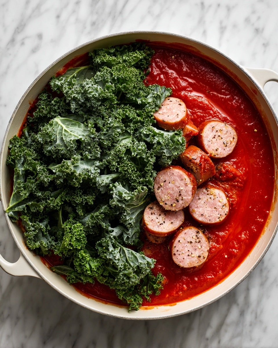 In a large white pan on a white marbled surface, there is a thick tomato sauce forming the base layer, bright red and smooth with a slight shine. On top of the sauce, on one side, pieces of sliced sausage are placed, showing a pinkish interior with specks of seasoning and a smooth, slightly glossy outer skin. Next to the sausage, a large pile of dark green kale leaves with a bumpy, textured surface fills half of the pan, covering the sauce partly with its fresh, leafy appearance. Photo taken with an iphone --ar 4:5 --v 7