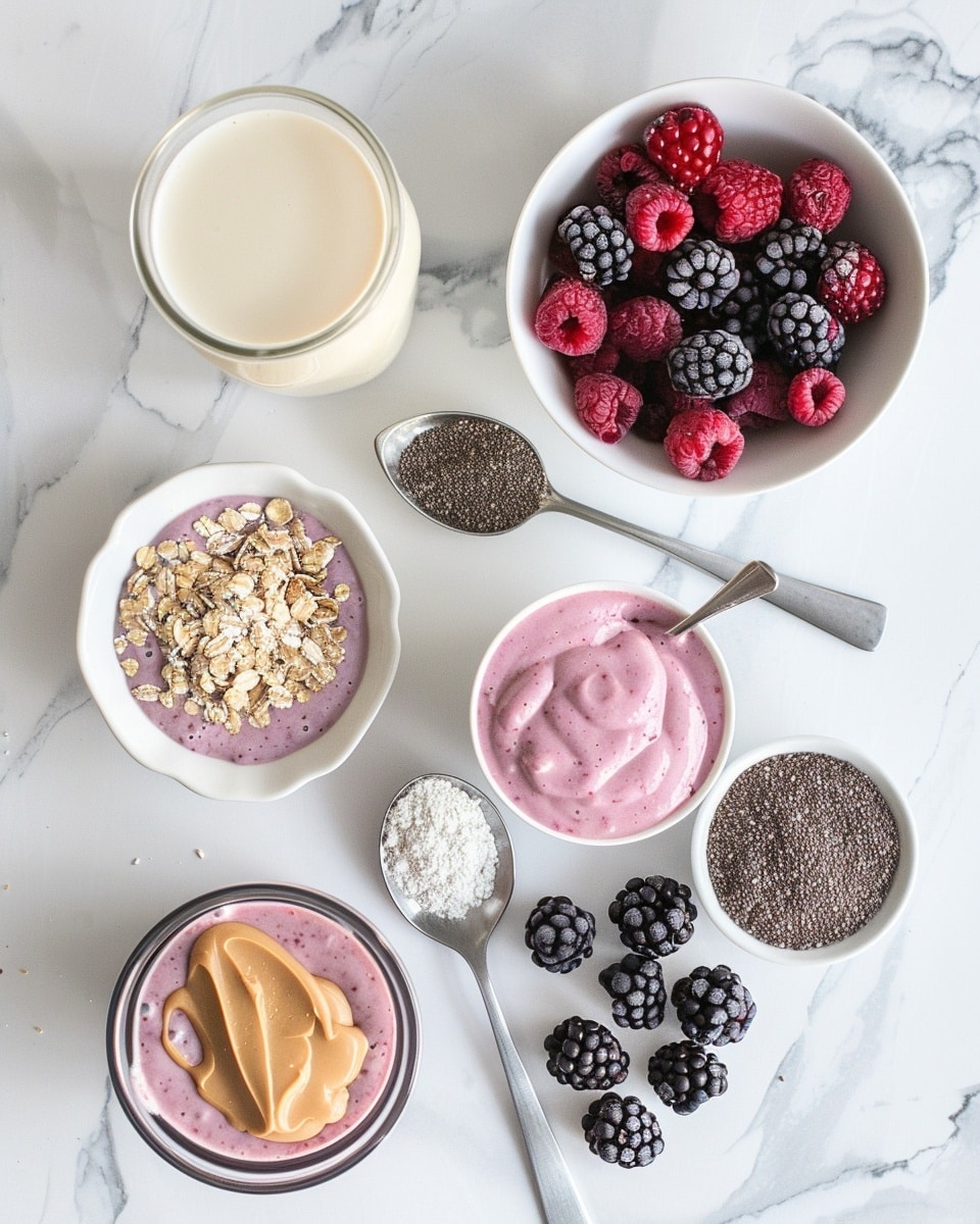 The image shows a clear blender container with frozen mixed berries arranged mostly on the left side, light beige powder on the top, a spoonful of creamy brown peanut butter in the center, and a scoop of thick white yogurt on the bottom right, all unmixed. The second image shows the same blender filled with a smooth, thick, bright pink mixture, evenly blended with a slight swirl on the surface. The blender is placed on a white marbled surface. Photo taken with an iphone --ar 4:5 --v 7