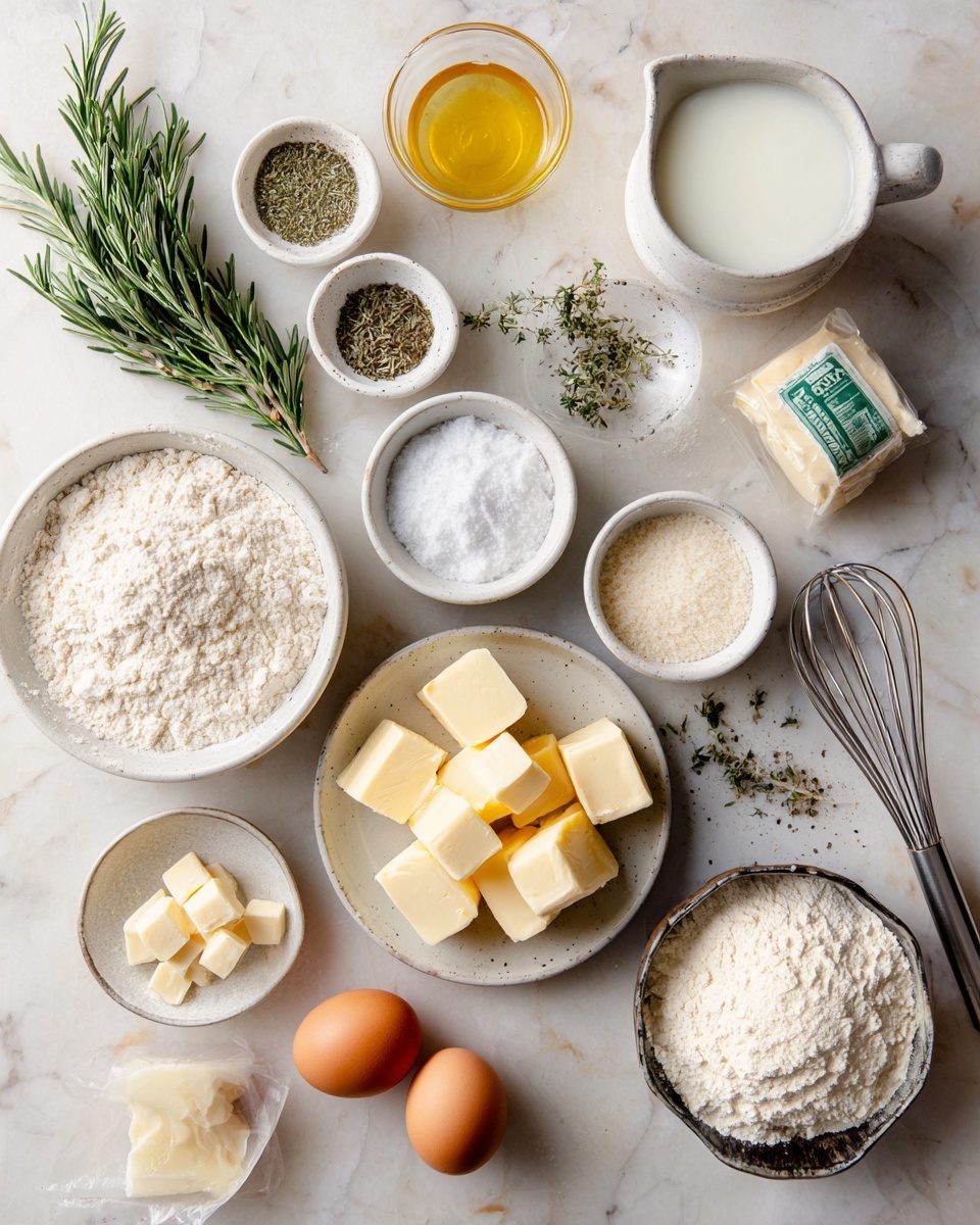 A round wreath-shaped bread made of 15 soft golden brown rolls with a shiny top is placed on a dark wooden board. Fresh green rosemary sprigs are tucked between some rolls and placed around the board. Surrounding the bread are three small white scalloped plates on a white marbled surface, each holding white butter shaped like maple leaves. There is also a small black cup filled with coarse white salt and a small wooden spoon. A silver butter knife rests on one white plate with butter. A gray fringed cloth is draped casually near the plates. photo taken with an iphone --ar 4:5 --v 7