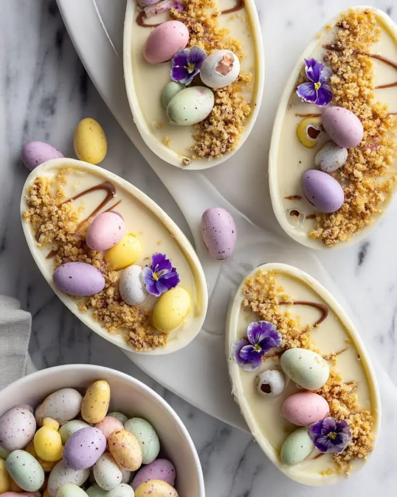 Egg Cheesecake in Chocolate Eggs with Cookie Crust and Easter Decorations Recipe