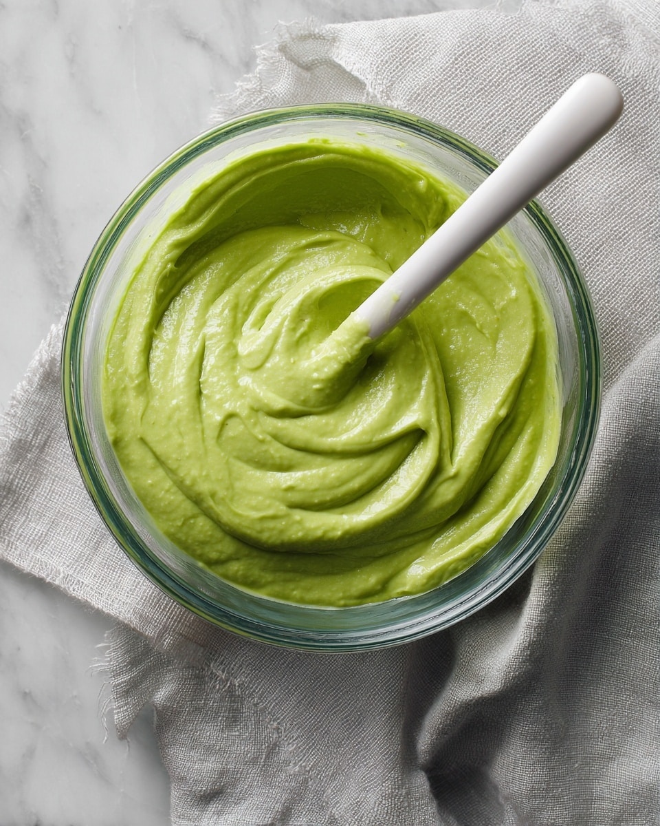 A clear glass bowl holds a smooth, thick green mixture with a creamy texture, spread evenly inside. A white spatula with a glossy surface rests inside the bowl, partially covered with the green paste. The bowl sits on a soft, light gray cloth with a subtle weave pattern, all placed on a white marbled surface. photo taken with an iphone --ar 4:5 --v 7