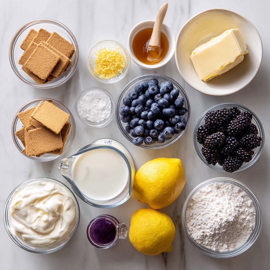 The image shows a small glass jar with three distinct layers: the bottom layer is crumbly and light brown like crushed biscuits, the middle layer is thick and creamy white, and the top layer is a dark purple-red berry sauce with a shiny, smooth texture. A wooden spoon with a woman's hand is holding a scoop of the dessert, with all three layers visible on the spoon, especially the dark berry sauce dripping slightly on the side. The jar is set on a white marbled surface with a few fresh blackberries and blueberries placed nearby, along with some green herb leaves for decoration. Photo taken with an iphone --ar 4:5 --v 7
