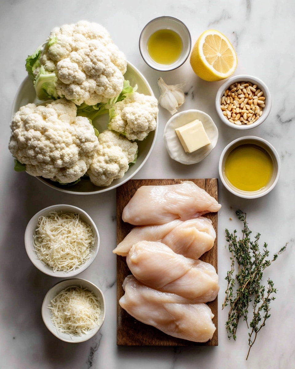 A metal baking tray filled with three golden brown cooked chicken pieces placed in the center and surrounded by small roasted cauliflower florets. The chicken has a slightly crispy texture with a light sprinkling of seasoning on top. Scattered around the cauliflower are small pine nuts and a few sprigs of fresh green herbs for garnish. The tray is set on a white marbled surface with a soft striped cloth partially visible at the bottom left corner. photo taken with an iphone --ar 4:5 --v 7