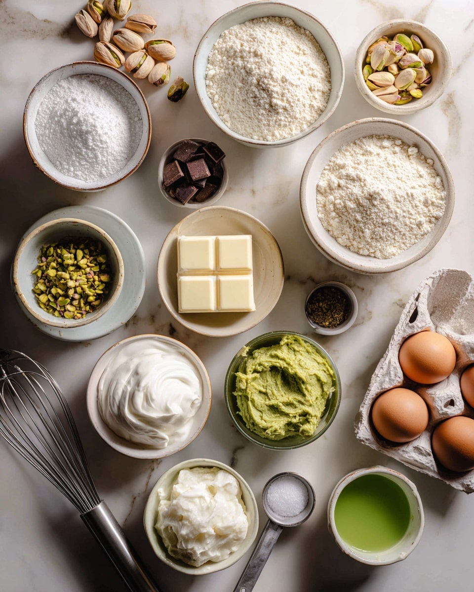 This image shows a group of six light green macarons arranged closely together on a white marbled surface. Each macaron has two smooth, round, light green cookie shells with a slightly rough edge. Between the shells is a thick, light brown filling that looks creamy and smooth. On top of each macaron, there are small pieces of pistachio nuts and thin white drizzle lines running across the shells, adding texture and detail. The macarons have a soft and delicate look with a slight shine on the surface. Photo taken with an iphone --ar 4:5 --v 7