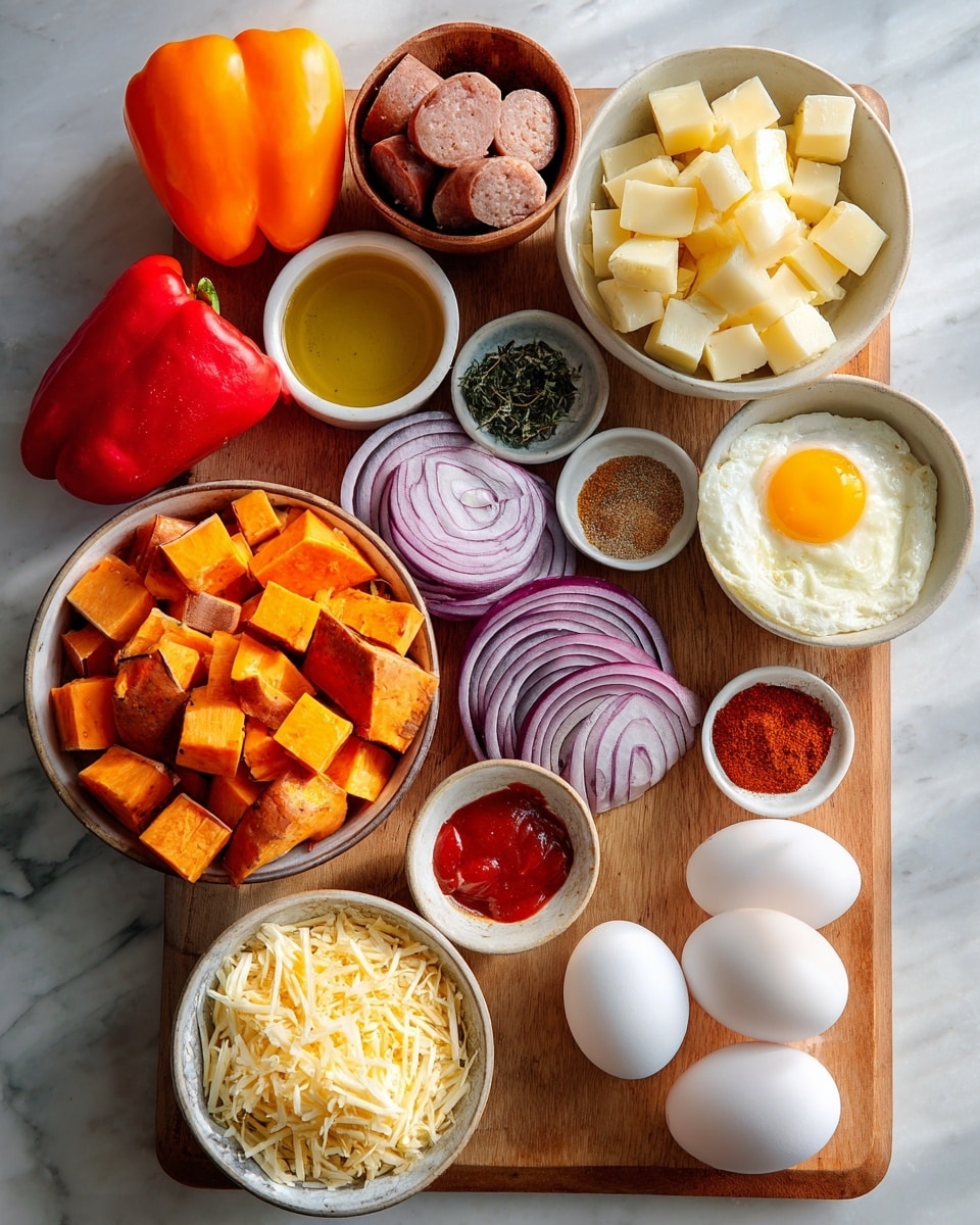 A tray filled with a layered dish starting with a base of roasted golden-yellow potatoes mixed with small pieces of orange and red bell peppers. On top, there are several cooked white eggs with soft yolks sprinkled lightly with black pepper. Scattered around and on the eggs are browned sausage pieces with a rich texture. Bright red salsa dollops are spread across the tray, adding vibrant color, and small green herb bits are sprinkled over the whole dish. The tray is set on a white marbled surface with a white bowl of chunky red salsa and a small bowl of chopped green herbs nearby, alongside a bottle of hot sauce, gray plates, gold forks, and a coral-colored cloth napkin photo taken with an iphone --ar 4:5 --v 7