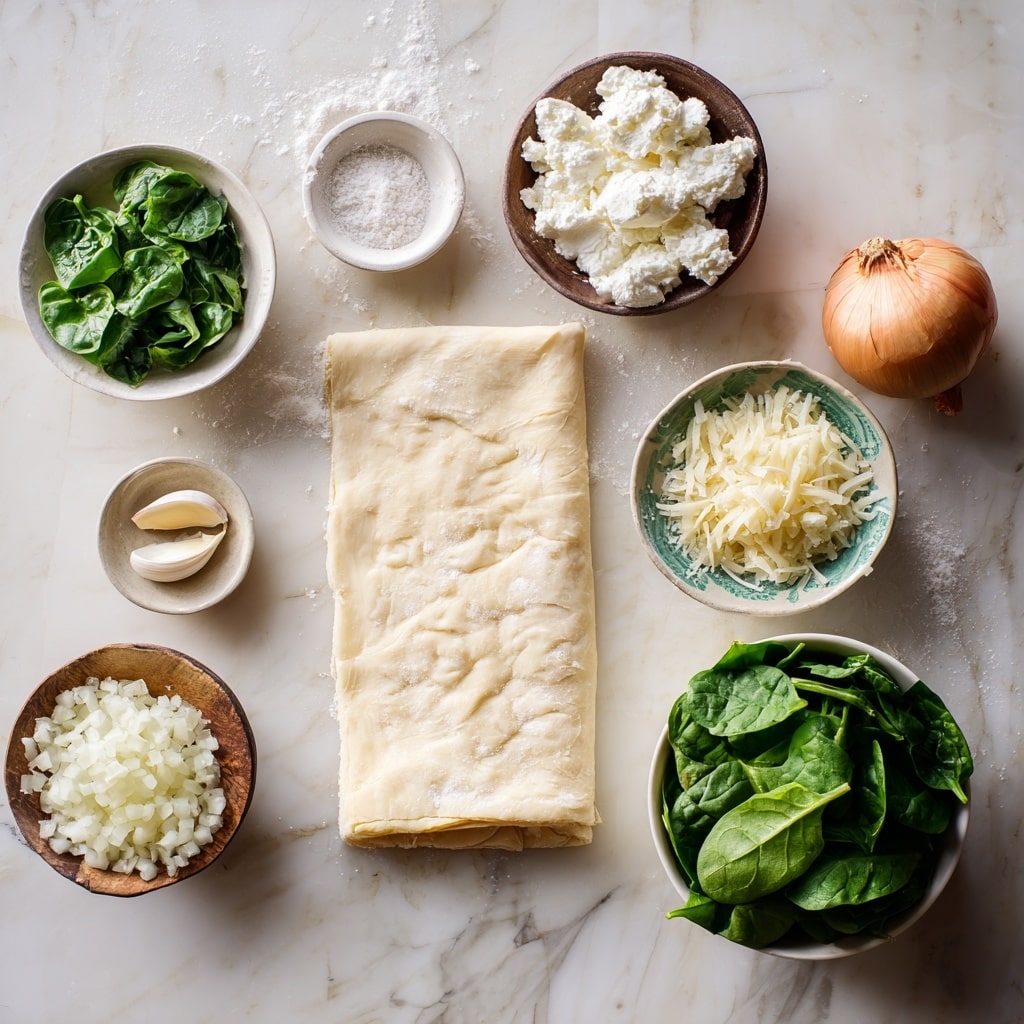 A round pie with a golden brown, flaky crust sits on white parchment paper over a white marbled surface. One slice is cut out, showing three visible layers inside: the outer crust, a thick green spinach and cheese filling in the middle, and a boiled egg with a yellow yolk center embedded in the filling. In the background, a small white plate holds a single slice of the pie, showing the same layers in a triangular shape. The crust has a shiny, slightly textured surface, and some crust flakes are scattered around the pie. photo taken with an iphone --ar 4:5 --v 7