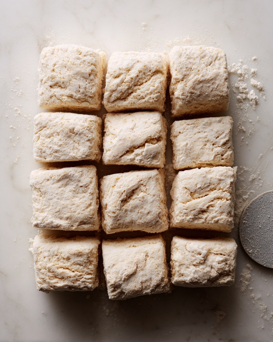 Nine square pieces of raw biscuit dough are arranged close together on a white marbled surface, each square having a slightly rough and cracked texture with a light dusting of flour on top. To the right of the biscuits, a round, grayish dough scraper lies flat on the surface, also dusted with bits of flour. The dough pieces are pale beige in color, soft and thick, showing small folds and crinkles that suggest a flaky texture. Photo taken with an iphone --ar 4:5 --v 7