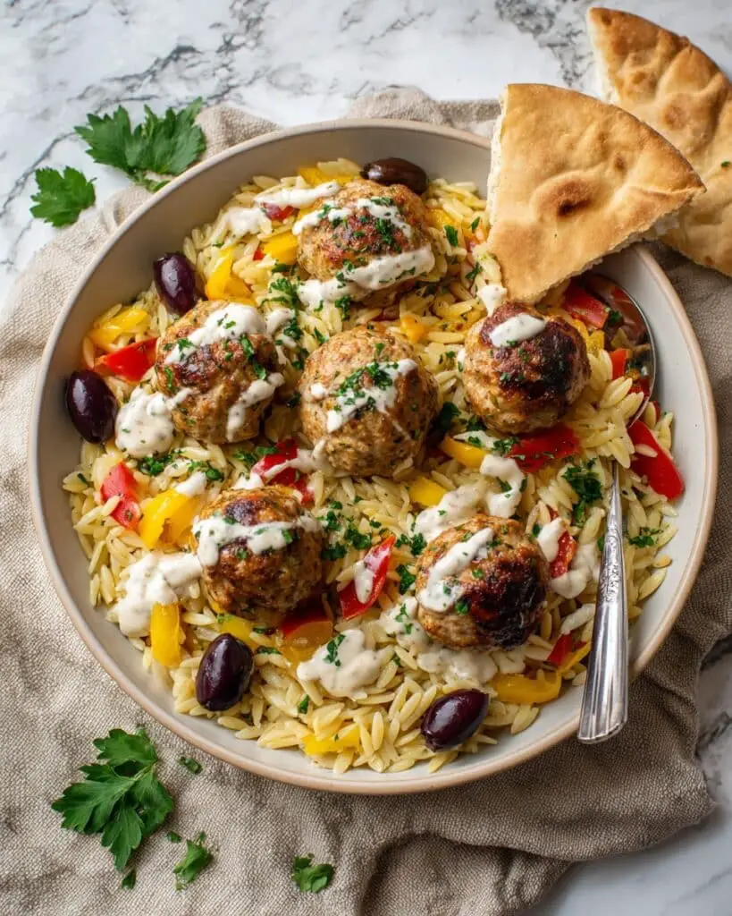Greek Chicken Meatballs with Lemon Orzo Recipe