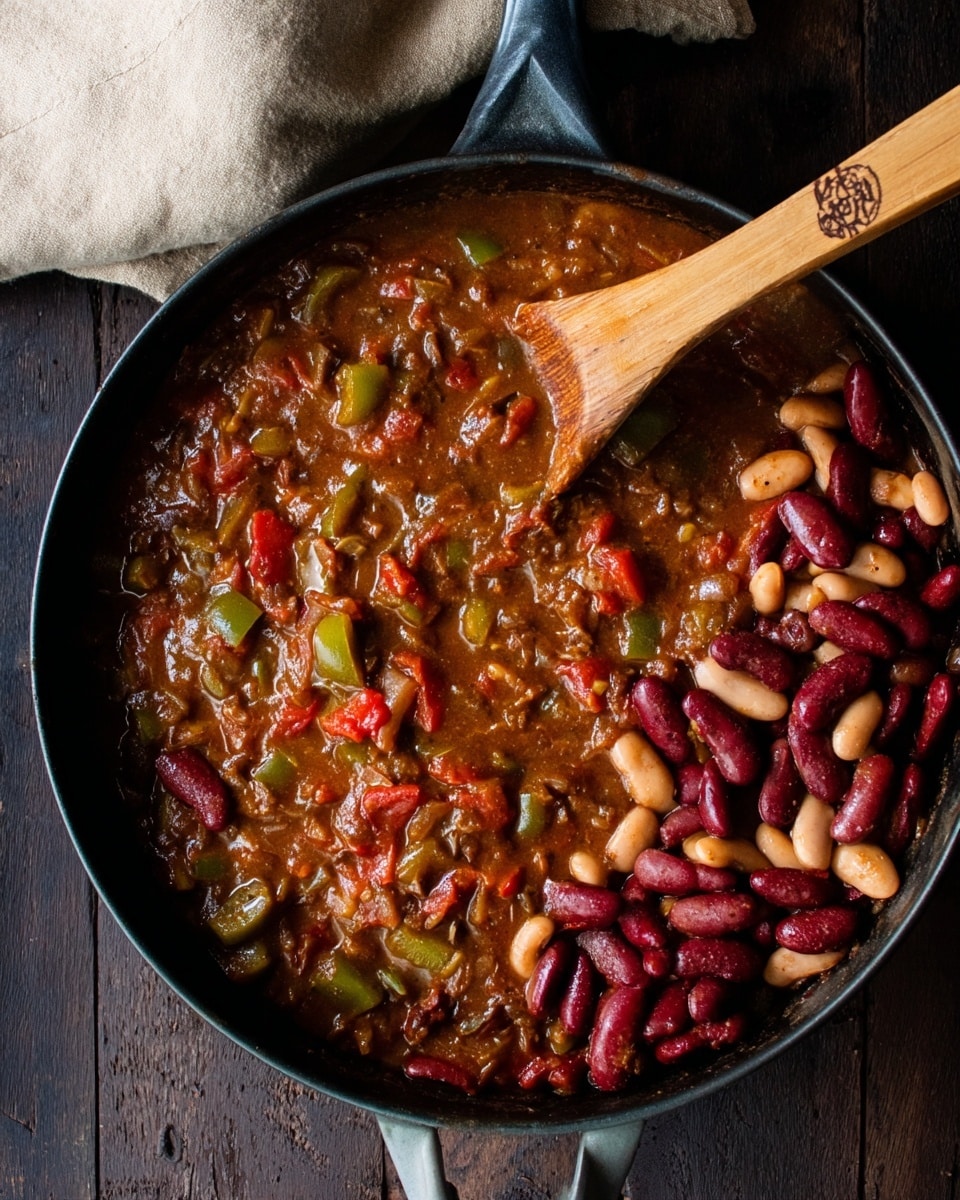 A black pan filled with a thick brown stew that has chunks of green bell peppers, red tomatoes, and onions mixed inside, making the top half look textured and colorful. The bottom half of the pan holds smooth, bright red kidney beans and lighter beige beans layered neatly side by side. A wooden spoon with an engraved handle rests inside the pan, partly covered by the stew and beans. The pan sits on a darker wooden surface with a beige cloth partially visible in the upper left corner. Photo taken with an iphone --ar 4:5 --v 7