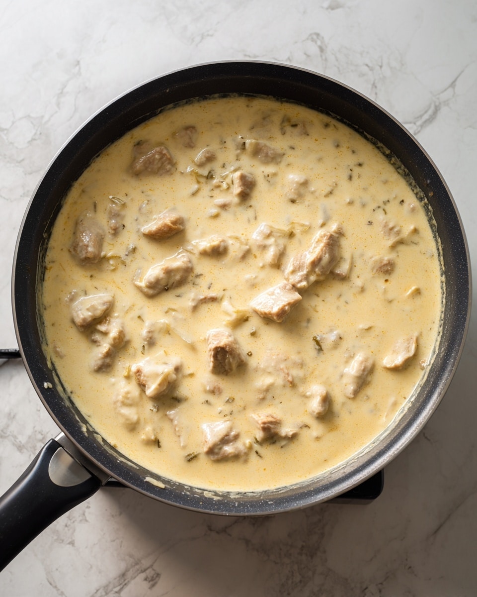 A black pan on a stove filled with a creamy pale yellow liquid that has small chunks of light beige meat floating in it. The liquid looks smooth and slightly thick, covering the meat pieces evenly. The pan's inside surface is dark, creating a strong contrast with the light-colored food. The background shows a white marbled texture. photo taken with an iphone --ar 4:5 --v 7