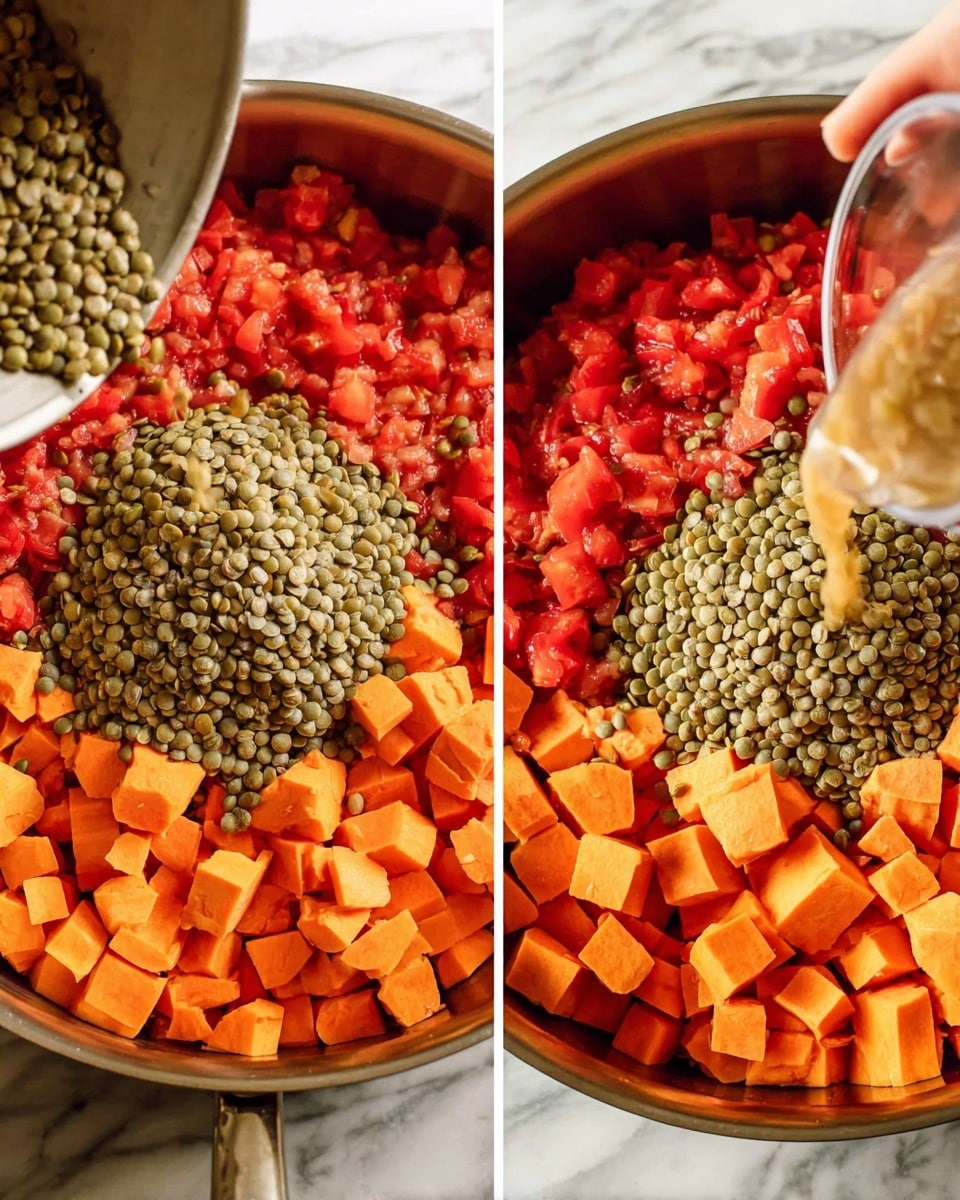 Two close-up images side by side show a large pan filled with three layers of ingredients on a white marbled surface. The bottom layer is a mix of red diced tomatoes, the middle layer is diced orange sweet potatoes, and the top layer is green lentils being poured from a metal bowl in the left image and from a glass cup held by a woman's hand in the right image. The colors contrast with each other, showing the bright red tomatoes, vibrant orange sweet potatoes, and pale green lentils all stacked inside the pan. photo taken with an iphone --ar 4:5 --v 7