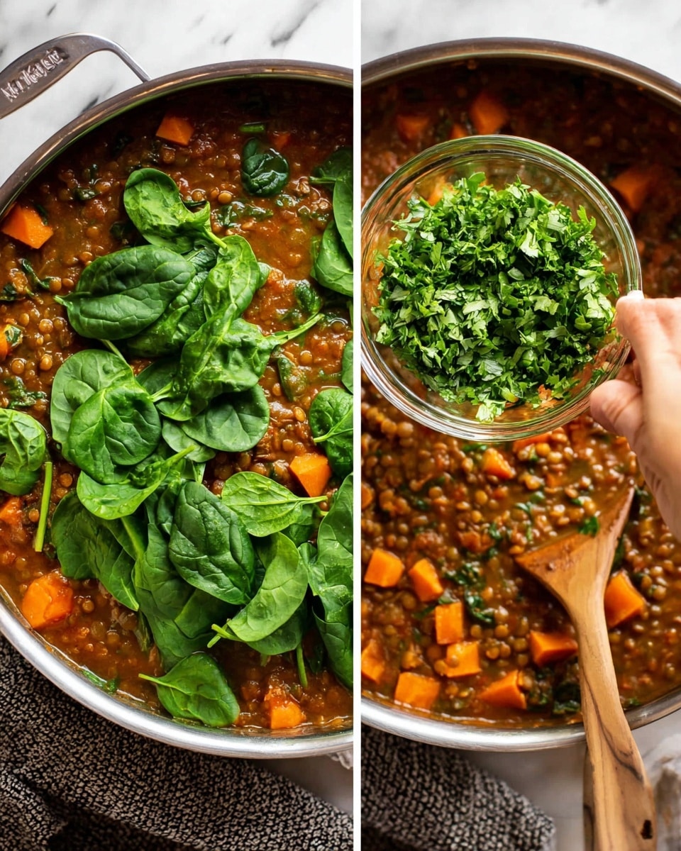 A large metal pot filled with a thick, brown lentil stew that has visible chunks of orange sweet potatoes and scattered bright green spinach leaves. The first image shows the stew topped with fresh, large, and glossy green spinach leaves resting on the surface, with a wooden spoon partially dipped into the pot. The second image shows a woman's hand holding a small clear glass bowl above the pot, filled with finely chopped fresh green cilantro, which is about to be added to the stew. The background and surface are white marble, and a textured gray cloth is partially visible under the pot. photo taken with an iphone --ar 4:5 --v 7