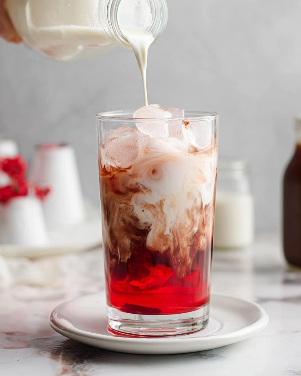 A clear glass filled with many chunks of white ice, some showing a slightly shiny texture. A woman's hand is holding a small glass jar tilted to the right, pouring a thin stream of dark brown liquid over the ice, creating thin streaks and splashes against the ice surface. The background is a white marbled texture, and there is a small red and white coaster under the glass. The image is bright and sharp, showing details of the liquid flow and ice texture photo taken with an iphone --ar 4:5 --v 7