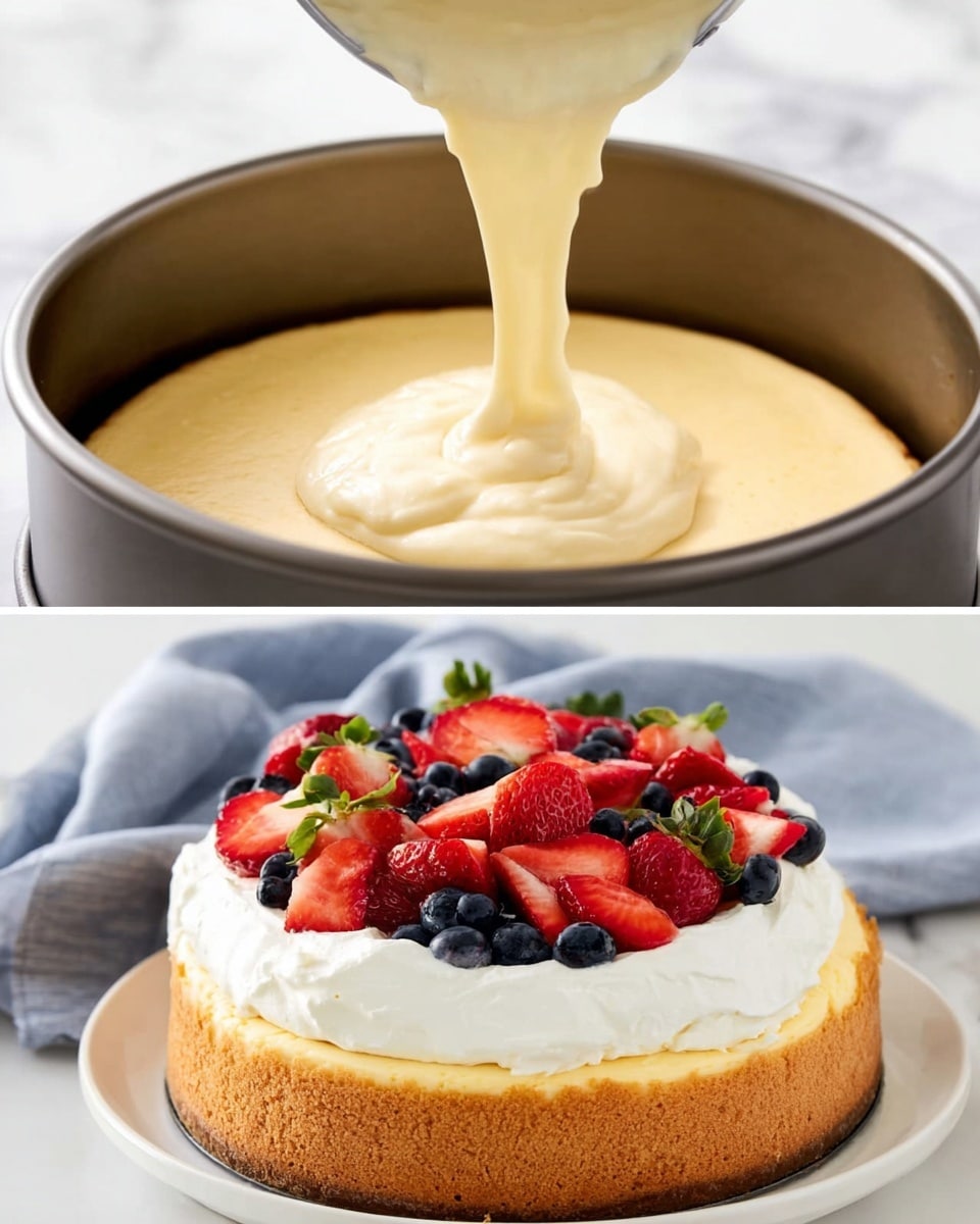 A round cheesecake sits on a white marble plate with a brown wooden base under it. The cheesecake has three visible layers: the bottom layer is a crumbly, light brown crust, the middle is a thick, smooth, pale yellow cream cheese filling, and the top has a swirl of white whipped cream spread across the surface. On the whipped cream, there is a colorful mix of fresh strawberries and blueberries. Whole strawberries are placed at the top, while halved strawberries and small blueberries are scattered around them, adding bright red and deep blue colors with green strawberry leaves. The background is a white marbled surface with stacked white plates and silver forks blurred in the back, and a soft gray cloth is casually placed around the plate. photo taken with an iphone --ar 4:5 --v 7