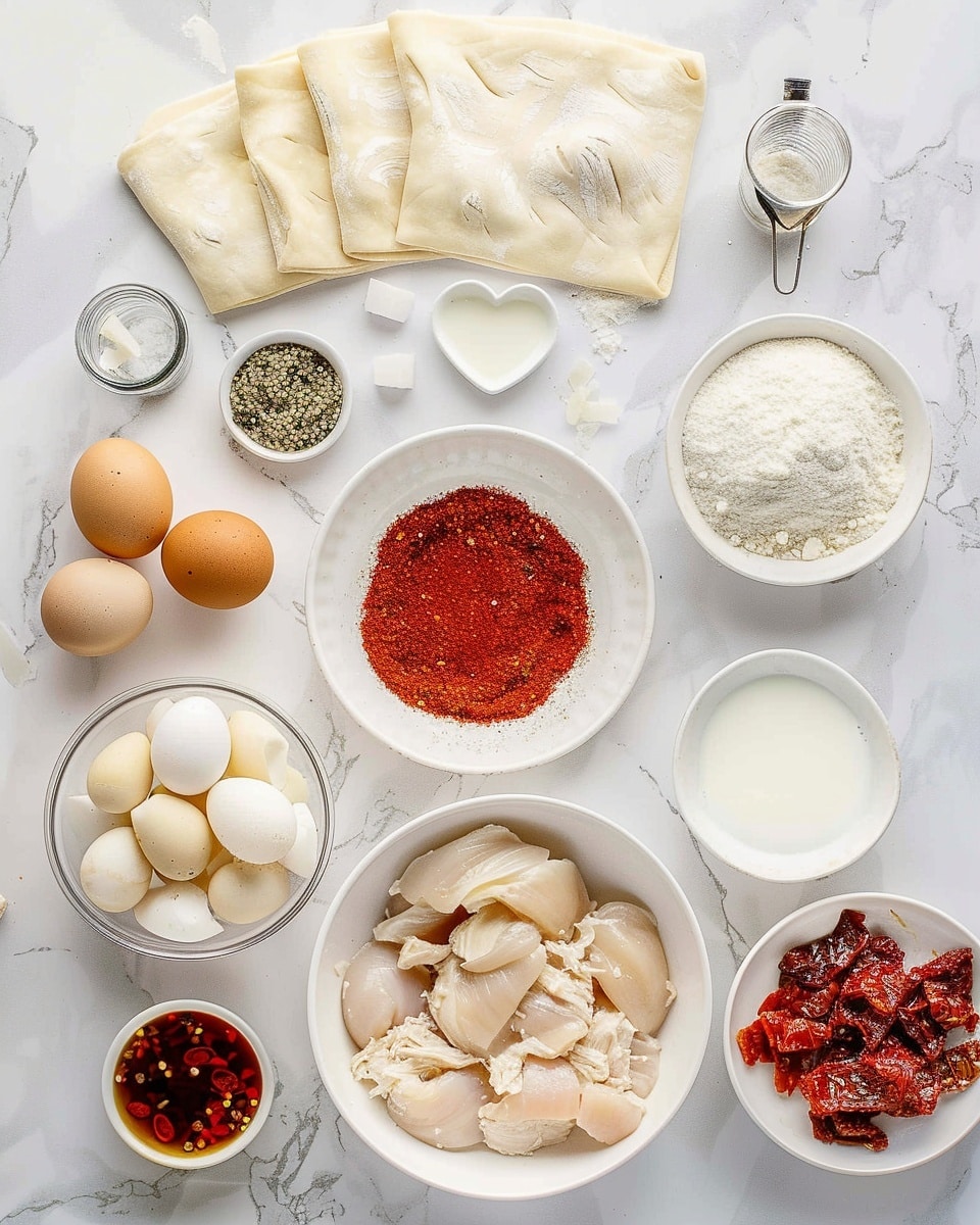The image shows two golden brown, baked pastries on a white plate with a white marbled texture background. One pastry is whole with a slightly puffy, flaky crust that is shiny and well-baked, while the other is cut in half, revealing layers of crispy, flaky pastry and a filling made of tender, shredded meat and reddish-brown sauce. Next to the pastries are two small, round bowls, one filled with a smooth, creamy white sauce and the other with a thick, dark reddish-brown sauce containing visible bits of chili or spices. photo taken with an iphone --ar 4:5 --v 7