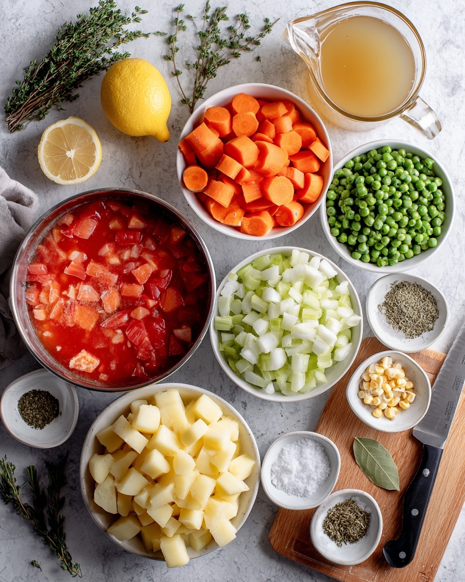 A white bowl filled with vegetable soup showing visible layers of orange carrot slices, green beans, light yellow corn kernels, red chunks of tomato, white potato pieces, and translucent onion bits, all floating in a clear orange broth. A silver spoon rests inside the bowl on the right side. Next to the bowl, there are two slices of brown multigrain bread on a white marbled surface. Another white bowl of vegetable soup is partially visible at the top right corner. Photo taken with an iphone --ar 4:5 --v 7
