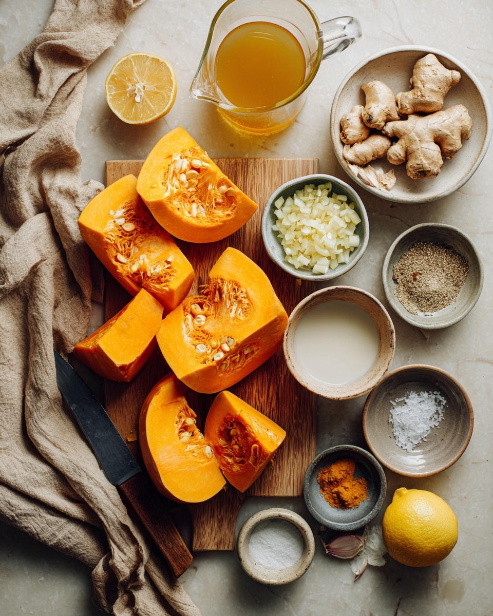 The image shows a close-up of a white bowl filled with smooth, orange pumpkin soup, with a swirl of white cream on top forming a loose circular pattern. Small green cilantro leaves are scattered over the cream and soup, adding a fresh contrast. A metal spoon is placed inside the soup on the right side of the bowl. In the background, another white bowl of soup and slices of pumpkin on a wooden board are partially visible, all set on a white marbled surface. Photo taken with an iphone --ar 4:5 --v 7