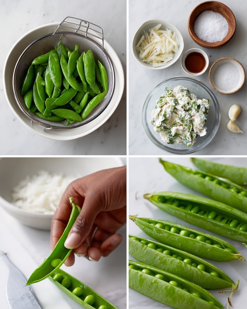 The image shows four photos arranged in a grid, all on a white marbled surface. The top left photo displays a white bowl with fresh bright green snap peas in a metal strainer inside it, surrounded by small bowls with ingredients like shredded white crab meat, minced garlic, and a dark brown liquid. The top right photo shows a clear glass bowl with a creamy white crab mixture with bits of green herbs, placed near the snap peas and a small wooden bowl filled with salt. The bottom left photo features a close-up of a woman's hand holding a bright green snap pea pod and using a small white knife to slice it open, with a neat row of more snap peas in the background. The bottom right photo captures six snap pea pods split open and filled with the white crab mix lined up side by side, with additional whole snap peas above them. photo taken with an iphone --ar 4:5 --v 7