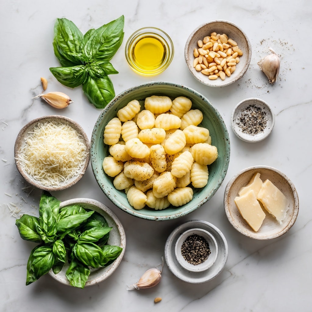 The image shows a white ceramic bowl filled with a single layer of gnocchi pasta coated in a bright green pesto sauce. The gnocchi pieces are plump and have ridged textures, with some light grated cheese sprinkled on top, adding a slight light beige contrast to the green. A silver fork rests inside the bowl on the right side, partially buried in the gnocchi. The bowl is placed on a wooden surface with scattered basil leaves around it, which add deep green touches to the warm-toned background. Photo taken with an iphone --ar 4:5 --v 7