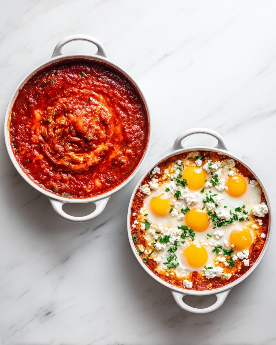 Two white pans sit side by side on a white marbled surface. The left pan is filled with thick red tomato sauce that looks chunky with bits of cooked onions and herbs, swirled in a spiral pattern. The right pan shows the same red sauce as a base, with five sunny yellow eggs cooked on top. Crumbled white cheese is sprinkled over the sauce and eggs, with small bright green chopped herbs scattered around for contrast. The pans have handles visible on each side, and the image is bright and clear. photo taken with an iphone --ar 4:5 --v 7