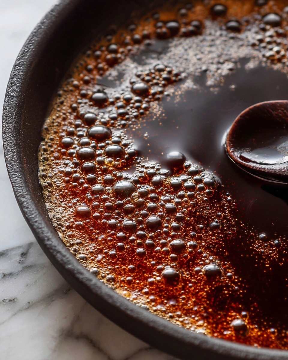 The image shows a close-up view of a bubbling dark brown sauce with a glossy texture in a black pan. The sauce has many small and large bubbles rising to the surface, giving it a thick and rich appearance, with some lighter amber highlights reflecting light. There is a dark cooking utensil partially visible on the right side, stirring the sauce. The pan's rough texture contrasts with the smooth, shiny surface of the sauce, set against a white marbled texture background. Photo taken with an iphone --ar 4:5 --v 7