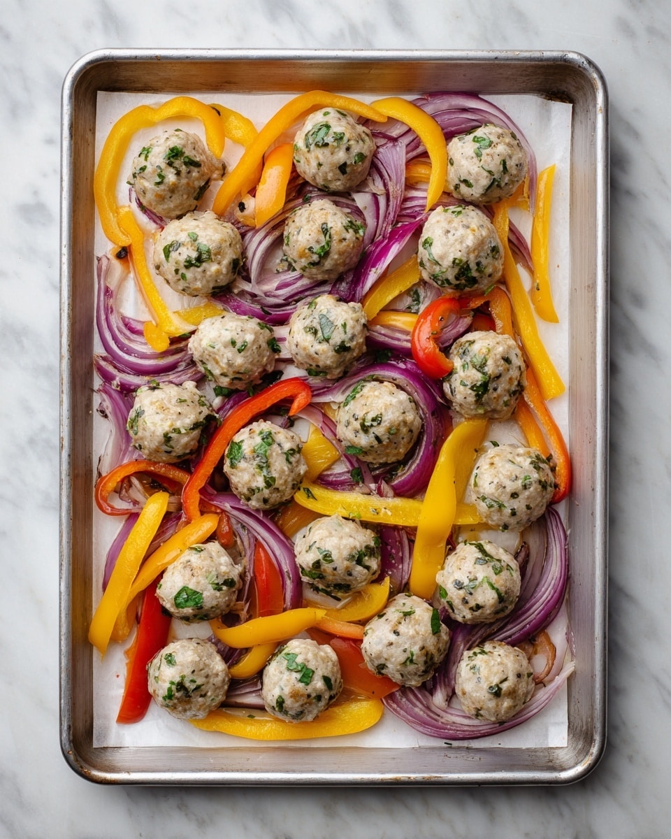 A silver baking tray lined with white baking paper holds a single layer of sliced orange, yellow, and red bell peppers along with thin rings of purple-red onions scattered evenly across the tray. On top of the peppers and onions, there are fifteen round, pale meatballs speckled with green herbs. The tray sits on a white marbled surface. photo taken with an iphone --ar 4:5 --v 7