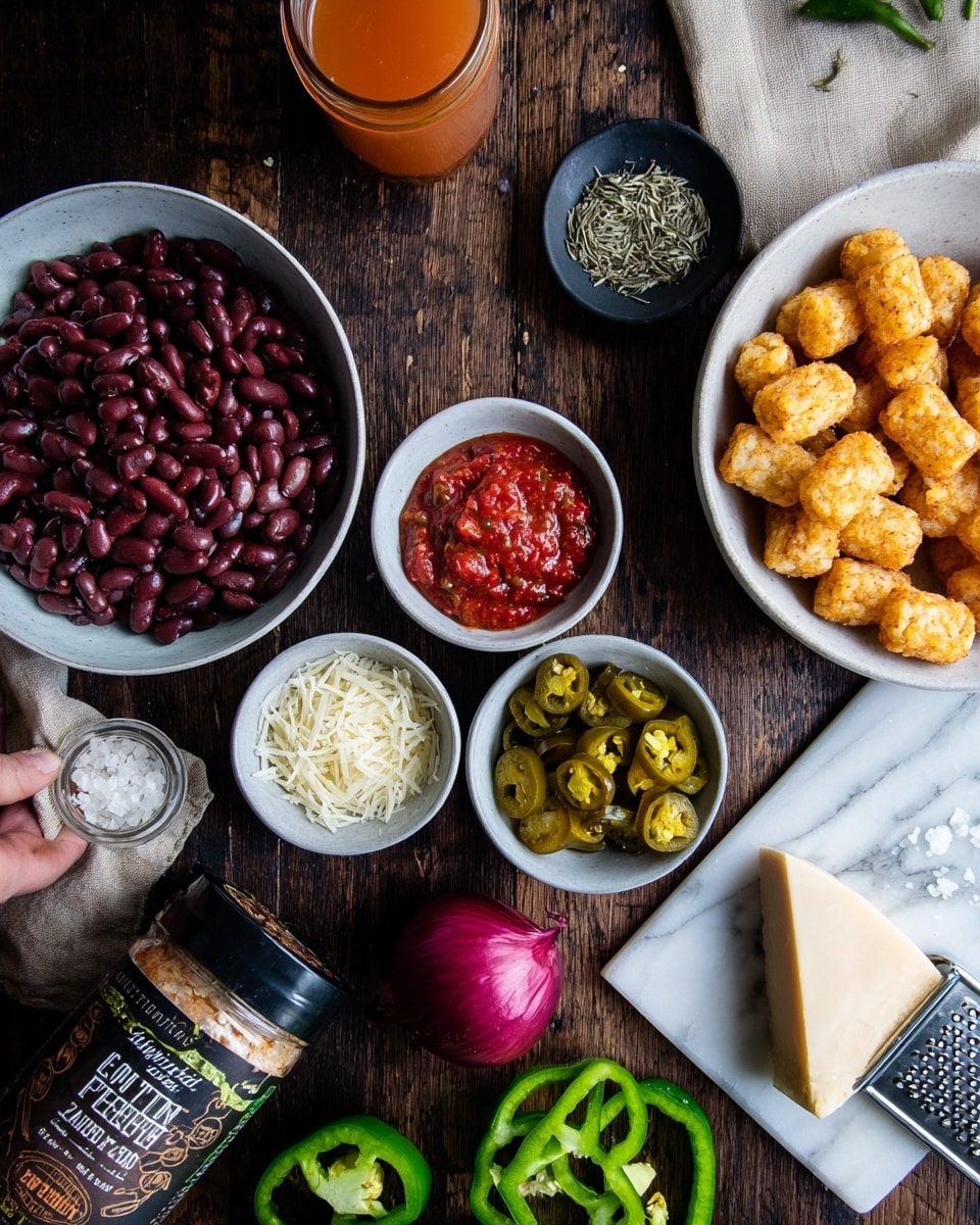 The image shows a mix of ingredients laid out on a dark wooden surface with a white marbled texture beneath. In the bottom left, a white bowl holds two types of beans, dark red kidney beans and lighter brown beans, side by side. To the right, three small white bowls are arranged: one with bright red chili paste, one with sliced pickled green jalapeños, and one with a mix of grated cheese and white salt crystals. A halved red onion is placed near these bowls. Above the beans, a small dark bowl contains dried herbs. Next to it, a glass of orange liquid is visible. Scattered in the top right corner are golden-brown crispy tater tots. In the bottom left corner, a woman’s hand is holding a spice container labeled