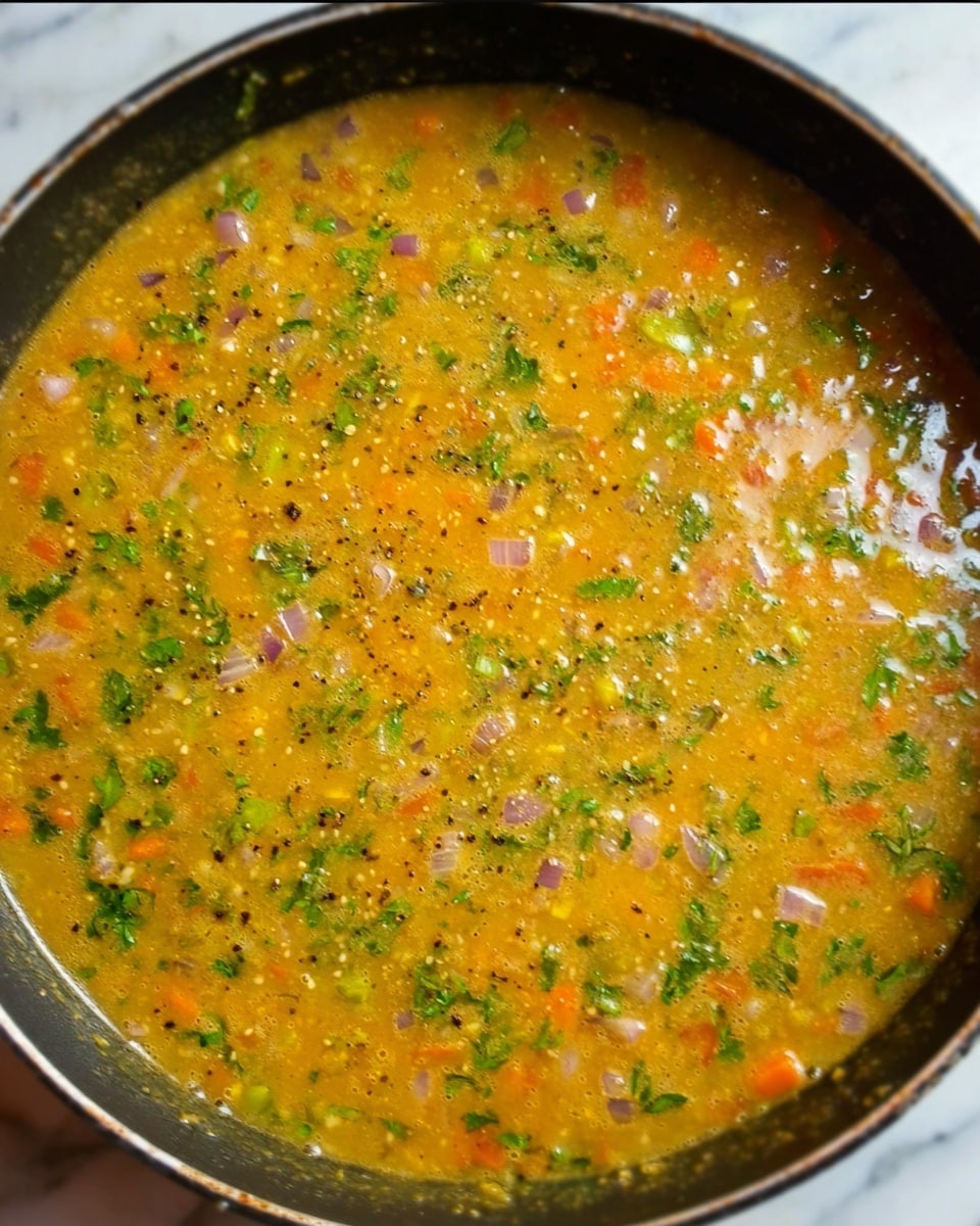 The image shows a round pan filled with a thick, orange-yellow mixture that looks like a soup or stew. It has small visible pieces of green herbs scattered all over the top, mixed with small chunks of red and orange vegetables and bits of purple, likely onions. The mixture has a slightly grainy texture with small bubbles and specks of black pepper spread evenly. The pan sits on a white marbled surface. Photo taken with an iphone --ar 4:5 --v 7