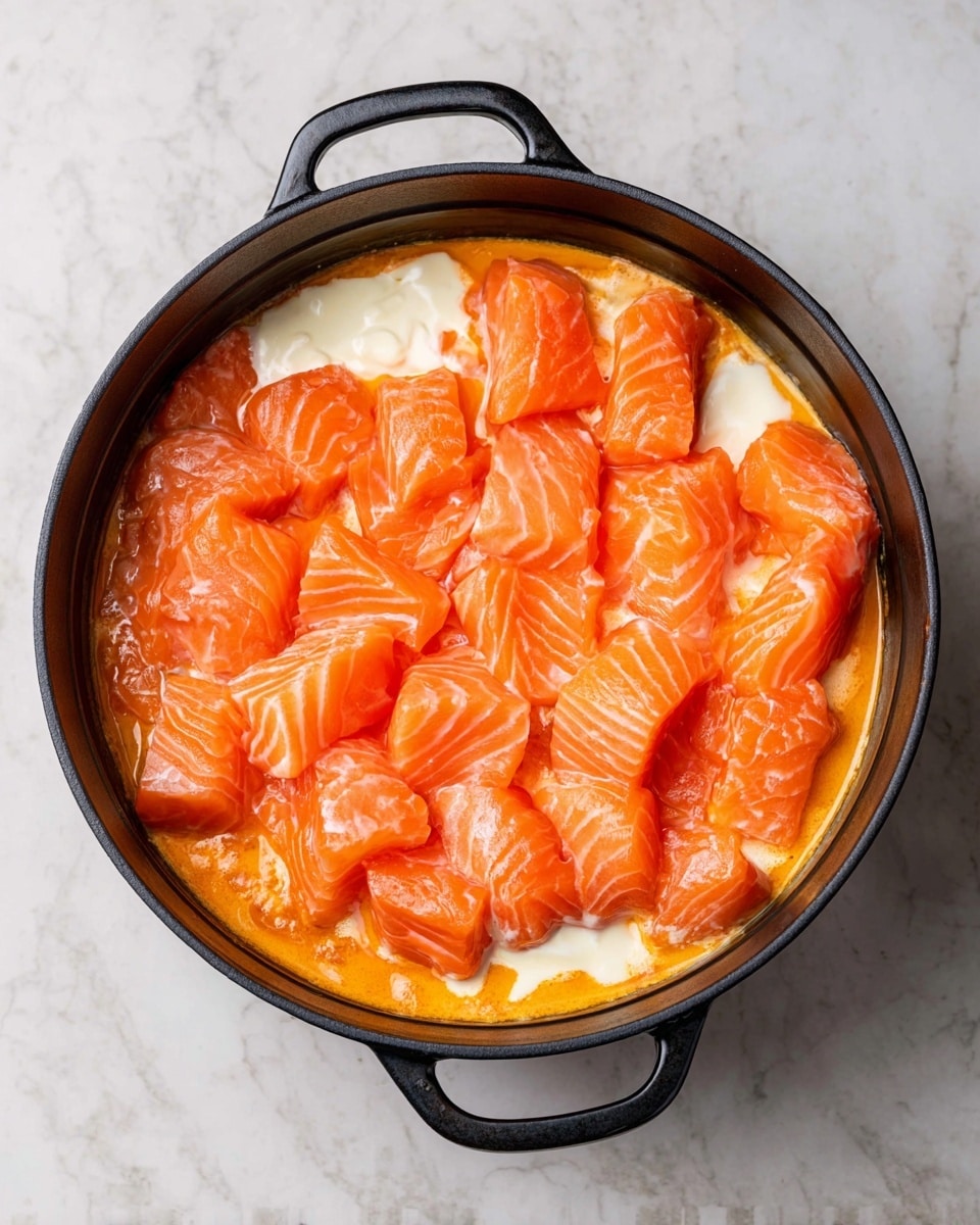 The image shows a black round pot with two handles, filled with a dish that has three visible layers. The bottom layer is a thick, orange-colored sauce with a slightly glossy texture. On top of this sauce, there is a small amount of creamy white sauce spread unevenly on one side. The top layer consists of many chunks of raw, bright orange salmon, each piece showing light marbled patterns, arranged across the creamy and orange sauce. The pot is placed on a white marbled surface. photo taken with an iphone --ar 4:5 --v 7