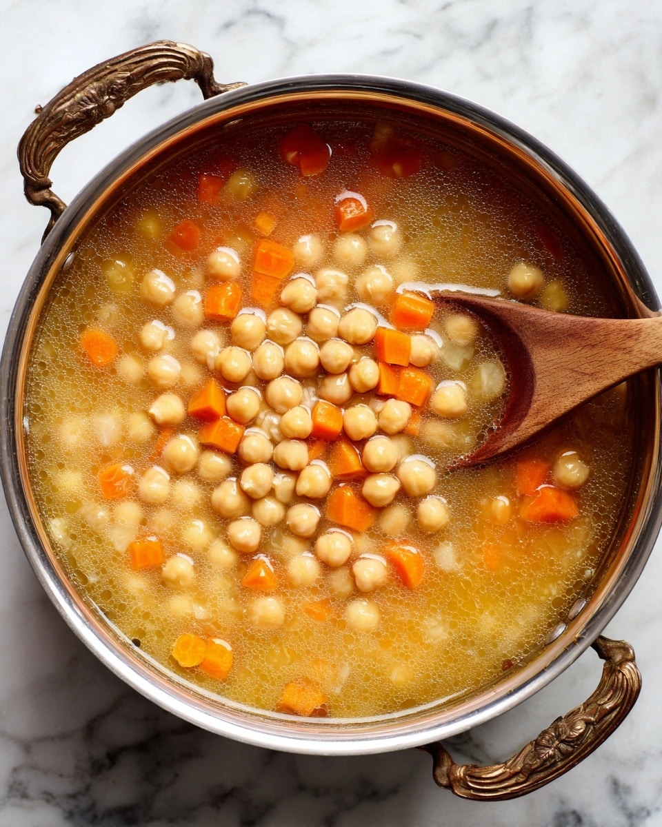 A silver pot filled with light orange broth contains round beige chickpeas and small orange carrot cubes floating near the surface. A wooden spoon inside the pot stirs the soup, showing the clear liquid texture with some oil sheen on top. The pot has two bronze handles on each side and is placed on a white marbled surface. photo taken with an iphone --ar 4:5 --v 7