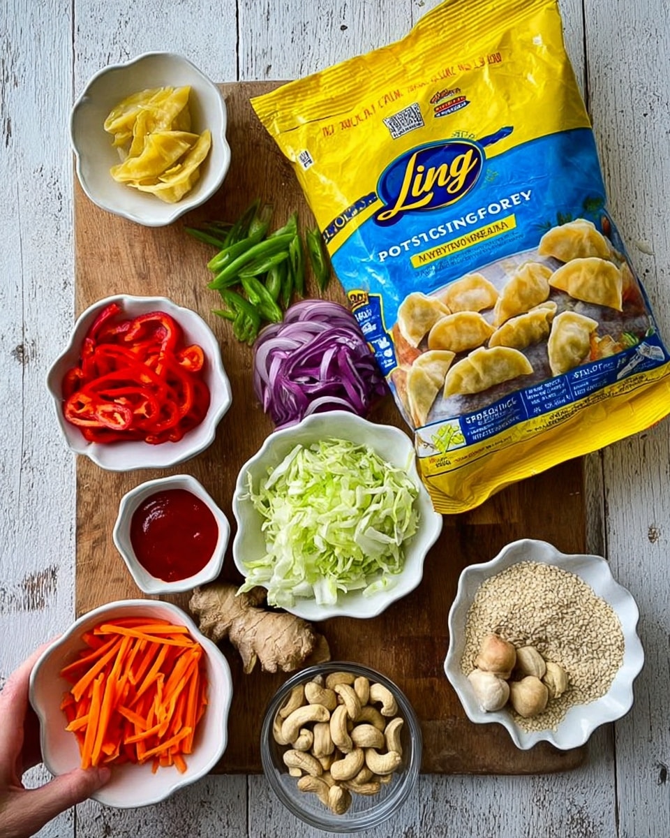 A white plate with decorative edges holds a colorful dish of golden-brown dumplings mixed with bright orange carrot slices, thin red pepper strips, and fresh green scallion pieces. Small, light beige cashews are scattered on top along with tiny white sesame seeds, adding a crunchy texture. The dumplings have a soft, slightly glossy surface, and the vegetables add a mix of smooth and crisp textures, all spread evenly across the plate on a white marbled surface. photo taken with an iphone --ar 4:5 --v 7