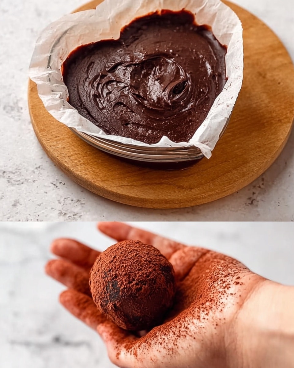 The first layer shows a heart-shaped glass container lined with white baking paper filled with thick, smooth dark brown chocolate spread that has a shiny texture and soft peaks on top. The container sits on a round wooden board, set against a white marbled surface. The second layer shows a close-up of a woman’s hand holding a small, round chocolate ball covered in cocoa powder, with the chocolate ball having a matte texture and dark brown color, while the powder has a reddish-brown shade dusted unevenly on the skin. Photo taken with an iphone --ar 4:5 --v 7