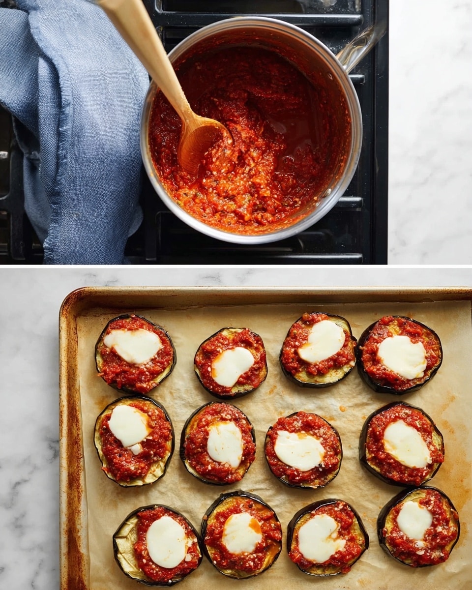 The image shows two layers of the cooking process. The top part displays a silver pot with thick red tomato sauce mixed with small pieces of ingredients, stirred by a wooden spoon resting inside the pot. The pot is on a black stovetop, and part of a white marbled surface is visible on the side with a blue cloth nearby. The bottom part shows a baking tray lined with parchment paper holding ten circular pieces of cooked eggplant topped with a layer of the red sauce and two slices of white cheese on each. The tray is positioned on a white marbled surface. photo taken with an iphone --ar 4:5 --v 7