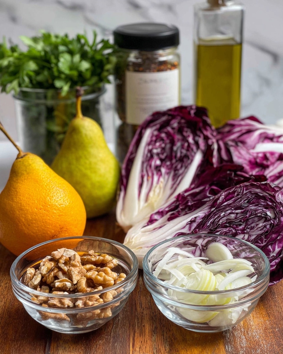 A clear glass bowl filled with three main layers: on the left, dark purple-red radicchio leaves with a slightly ruffled texture; in the middle, thin slices of light purple onion layered loosely; on the right, thin slices of apple with red skin and white flesh arranged neatly. The bowl sits on a white marbled surface. photo taken with an iphone --ar 4:5 --v 7