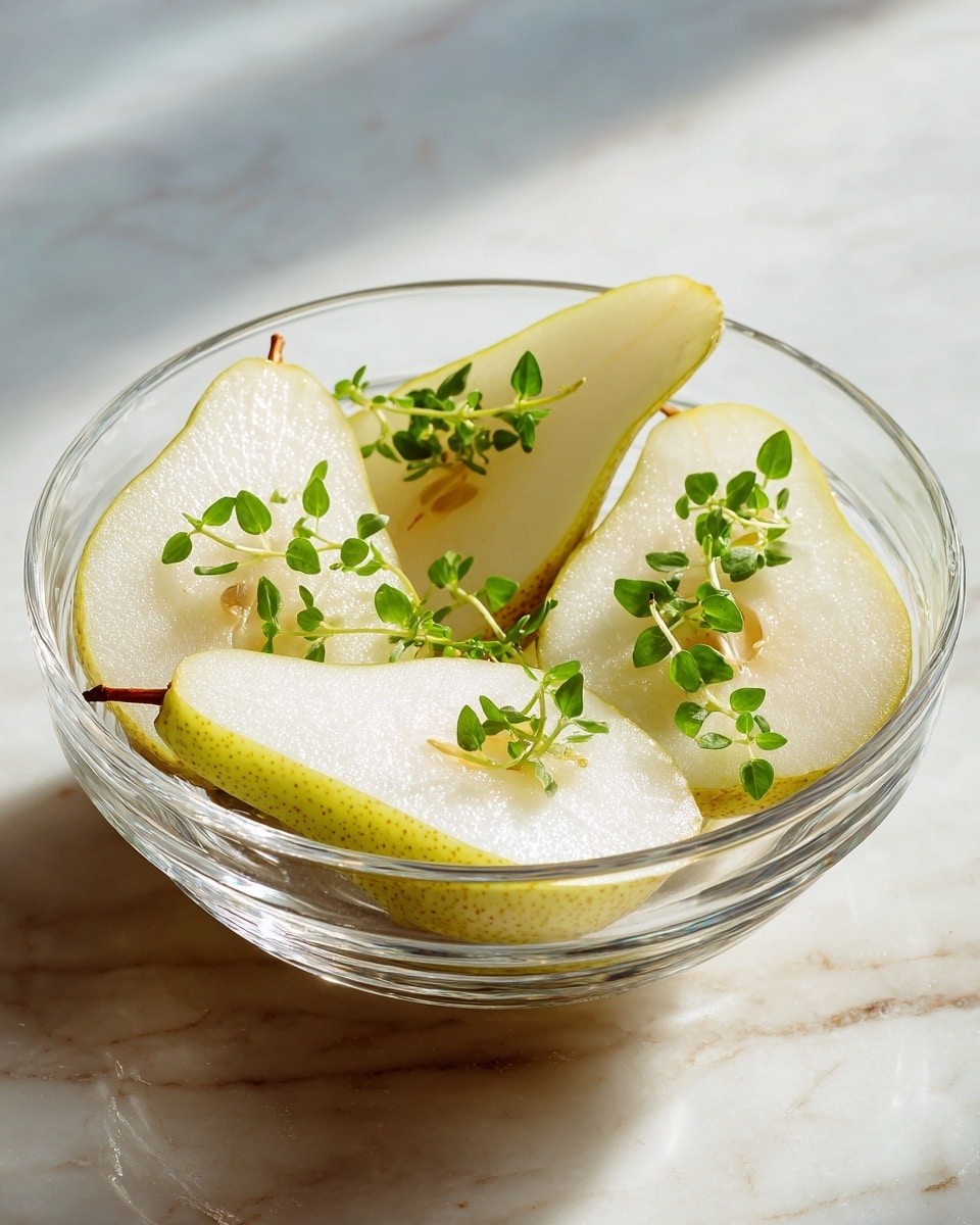 A clear glass round bowl rests on a white marbled surface, containing four pear halves arranged loosely. Each pear half shows a pale yellow flesh with a textured green-yellow skin along the edges. Small sprigs of fresh green herbs lie on top of each pear half, adding contrast with their delicate leaves. The bowl's clear sides reflect light gently, and the warm wooden background is mostly out of focus. Photo taken with an iphone --ar 4:5 --v 7