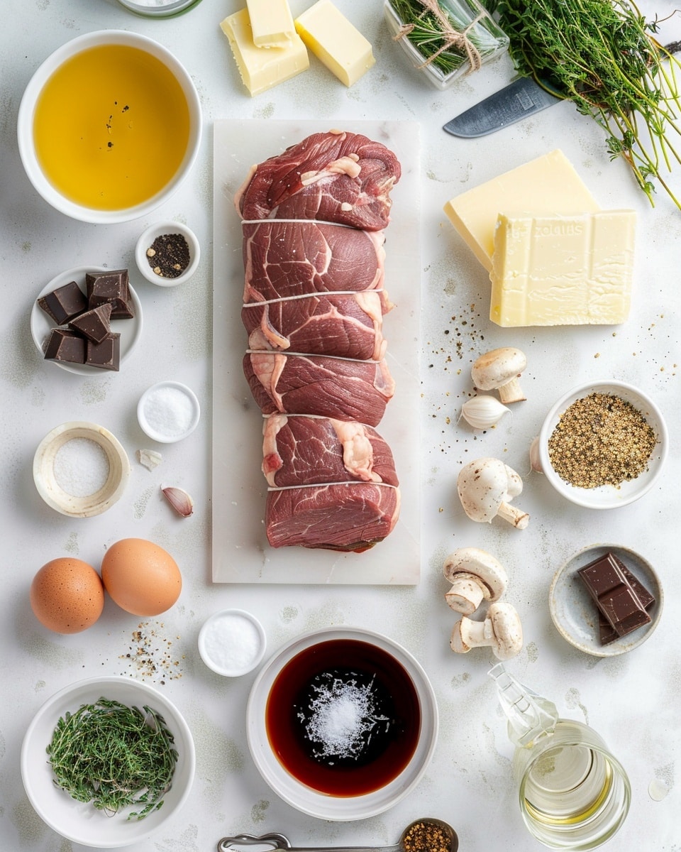 The dish shows a thick slice of meat wrapped in a golden brown, flaky pastry crust, resting on a white plate with a white marbled surface in the background. The meat inside is cooked medium rare with a rich pink center, surrounded by a dark mushroom mixture layer that separates the meat from the pastry. A dark brown sauce with a smooth and slightly chunky texture is being poured from a spoon onto the center of the meat, creating a glossy coating. The spoon is held by a woman's hand, carefully drizzling the sauce over the meat. Photo taken with an iphone --ar 4:5 --v 7