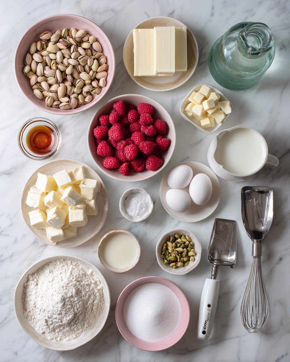 The image shows a rolled cake with visible layers of light brown sponge and creamy white filling swirled together. Inside the spiral, there are bright red raspberry pieces scattered throughout the cream layer. The outside of the cake is covered in smooth white frosting, topped with whole fresh raspberries and sprinkled with chopped green pistachios along the top. The rolled cake sits on a rectangular white wooden board placed on a white marbled surface. A single raspberry is resting nearby, adding a fresh touch. The photo taken with an iphone --ar 4:5 --v 7