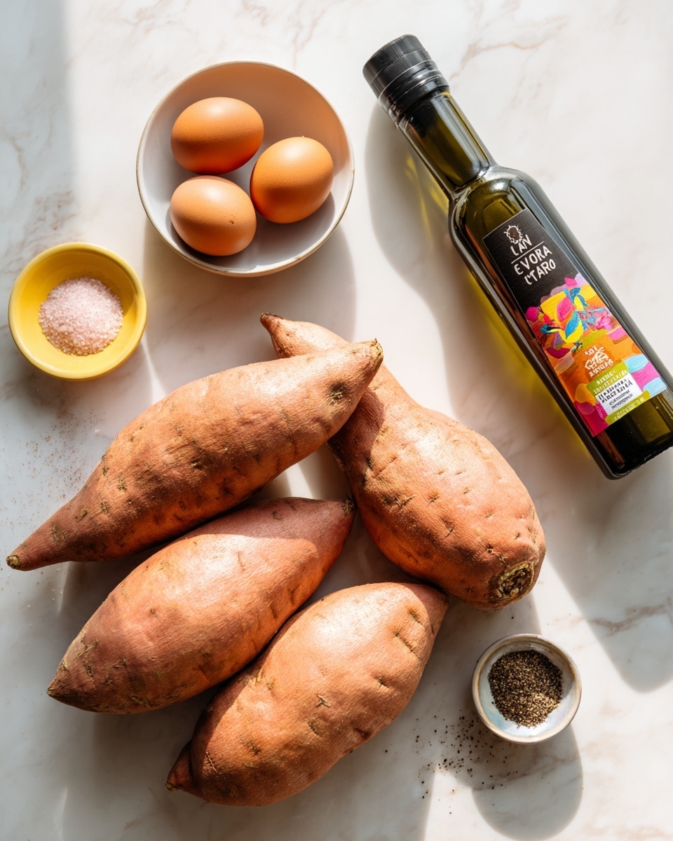 The image shows four large sweet potatoes with a light brown skin arranged casually on a white marbled surface. To the right side, there is a dark green glass bottle of extra virgin olive oil with a colorful label, standing upright. Above the sweet potatoes, a small white bowl holds three brown eggs grouped together. Near the top left corner, a small bright yellow dish contains two piles of seasoning: one light pink, possibly salt, and the other darker and speckled, likely pepper. The scene is bright and clean, with a soft natural light highlighting the various textures. photo taken with an iphone --ar 4:5 --v 7