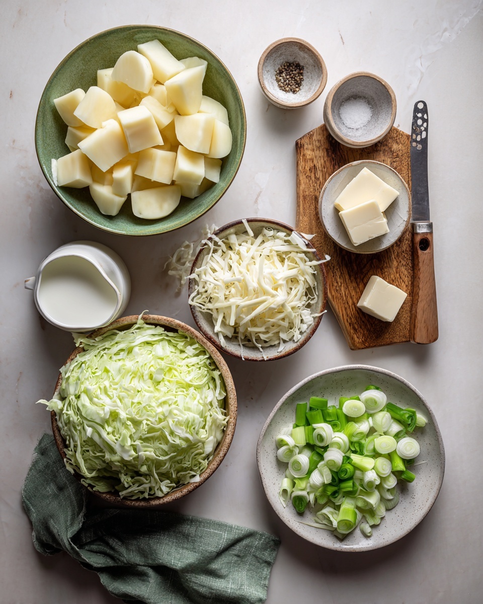 A white bowl filled with creamy mashed potatoes mixed with green leafy pieces, topped with melted yellow butter in the center, scattered chopped green onions, and sprinkled black pepper and salt over the top. A spoon is partially visible on the right side, resting in the bowl. Next to the bowl, there is a small white bowl with extra chopped green onions and another small white bowl containing ground black pepper on a white marbled surface. photo taken with an iphone --ar 4:5 --v 7