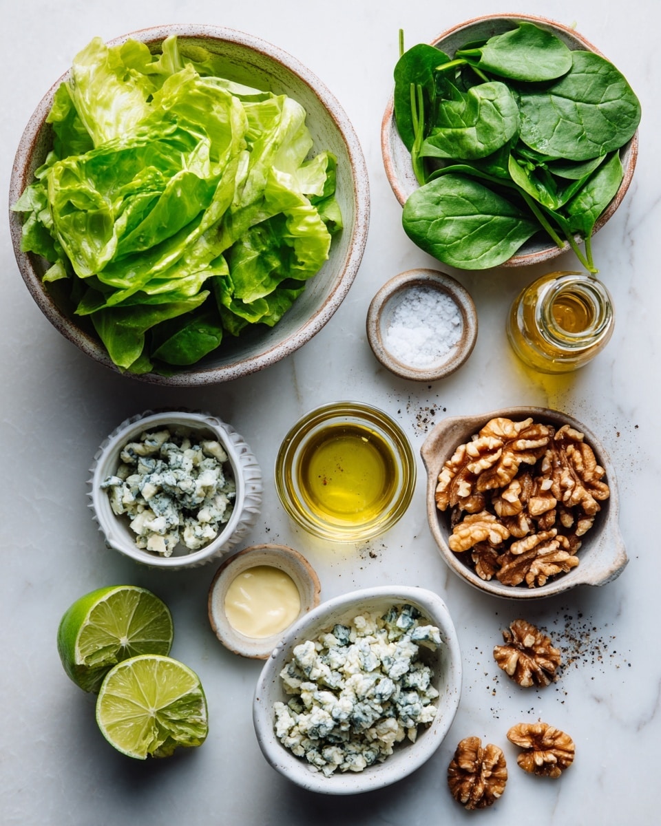 A large round plate filled with fresh green leafy vegetables as the first layer, topped with whole walnut halves and scattered creamy white and blue-veined cheese pieces. There are also small purple microgreens sprinkled across the salad. Around the plate are some whole walnuts and a small white bowl with chunks of blue cheese. A smaller white bowl containing greenish salad dressing with a white spoon is placed near the plate. The background is a white marbled texture with yellow checkered cloths partially visible. Photo taken with an iphone --ar 4:5 --v 7