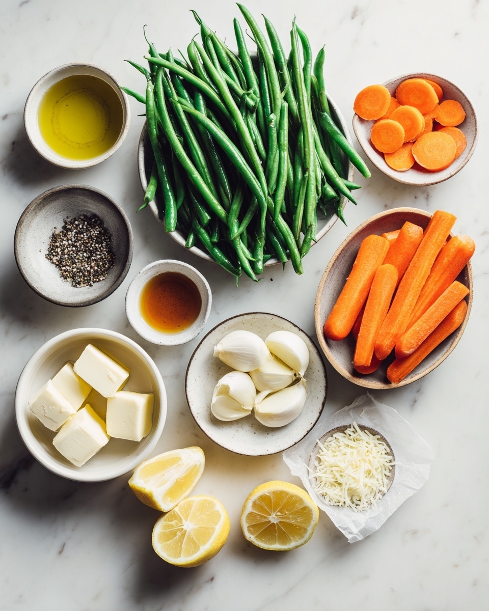 A white round plate on a white marbled surface holds a dish of roasted whole carrots and green beans. The carrots, bright orange and slightly charred, are laid in layers mostly horizontal across the plate. Thin green beans are tucked in between and over the carrots. Thin golden brown slices of cooked garlic are scattered on top along with small flakes of white cheese and some lemon zest sprinkled over everything. The plate sits on a light wooden board with a linen cloth partially visible nearby. Photo taken with an iphone --ar 4:5 --v 7